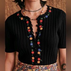 Sezane Ilena Short Sleeve Floral Embroidered Cardigan Sz XXXL